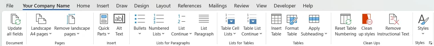 custom formatting tab in word