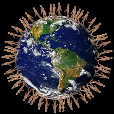 image of people walking around the globe