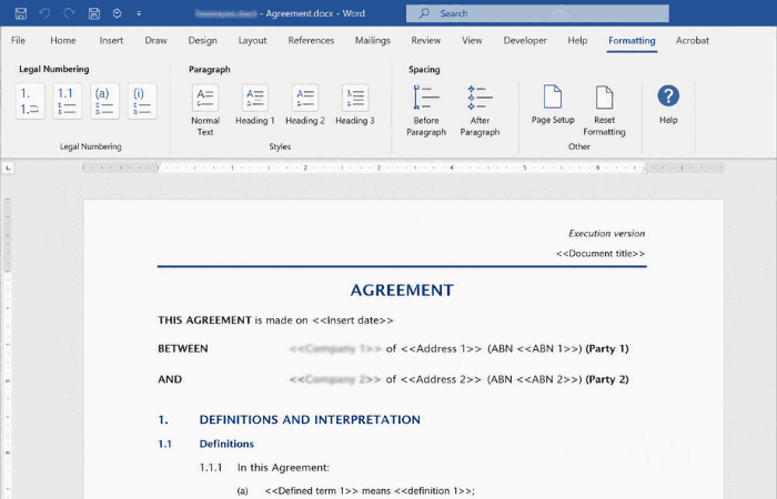 Word template suite and Formatting tab built around a legal firm's style guide