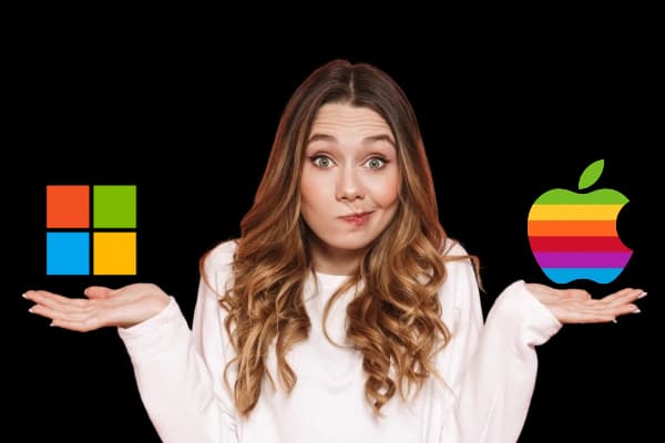 Lady deciding which platform to use, windows or mac